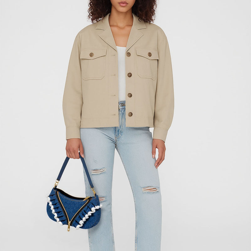 Chic and Recycled Denim Shoulder Bag with Unique Ruffled Design