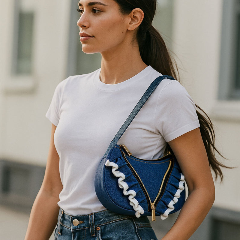 Chic and Recycled Denim Shoulder Bag with Unique Ruffled Design
