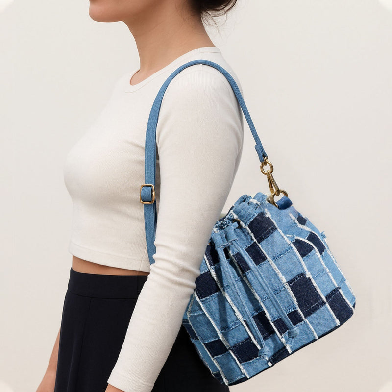 Recycled Denim Bucket Bag with Caro Pattern, Recycled Jeans Bag