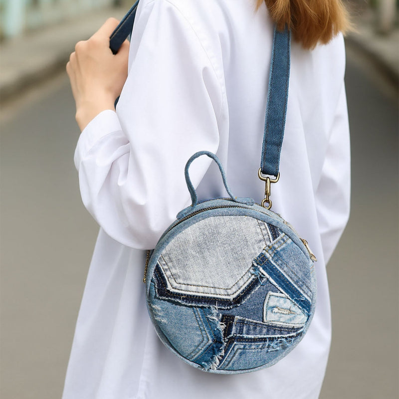 Recycle Chic Patchwork Denim Round Crossbody Bag for Women