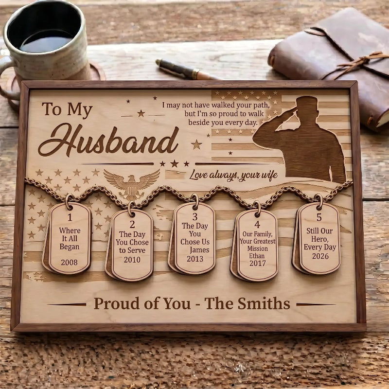 Veteran Timeline Wooden Sign with Dog Tag, Personalized Military Gift for Husband, Father’s Day Veteran Keepsake Plaque