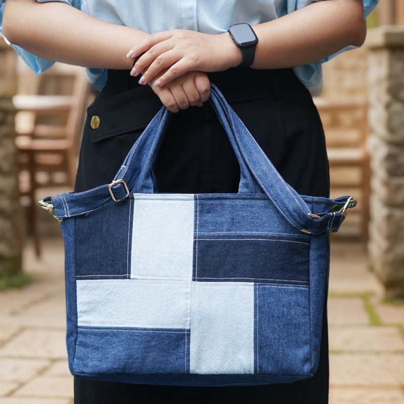 Recycle Mid Blue Reworked Patched Large Capacity Denim Tote Bag For Women