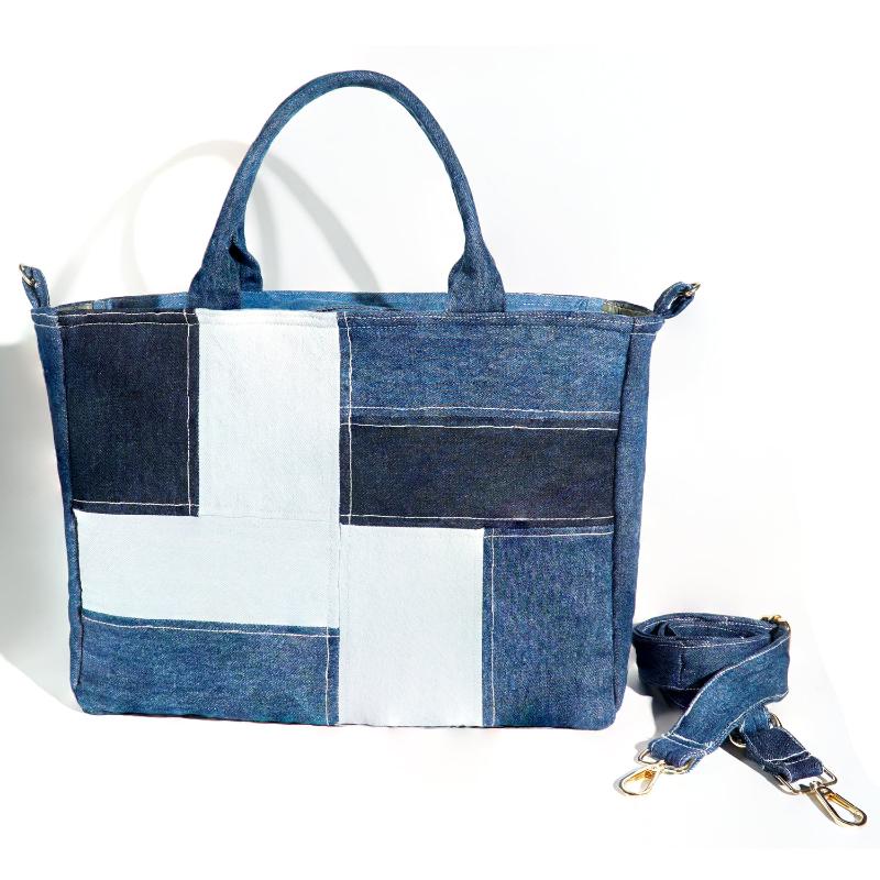 Recycle Mid Blue Reworked Patched Large Capacity Denim Tote Bag For Women