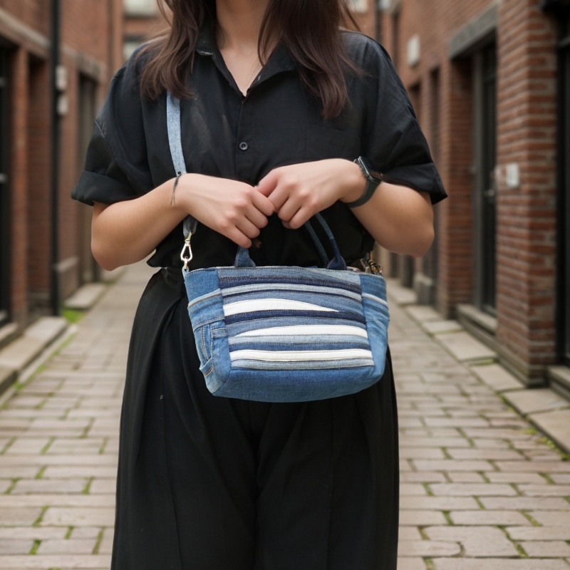 Recycle Multicolored Denim Handbag with Side Pocket