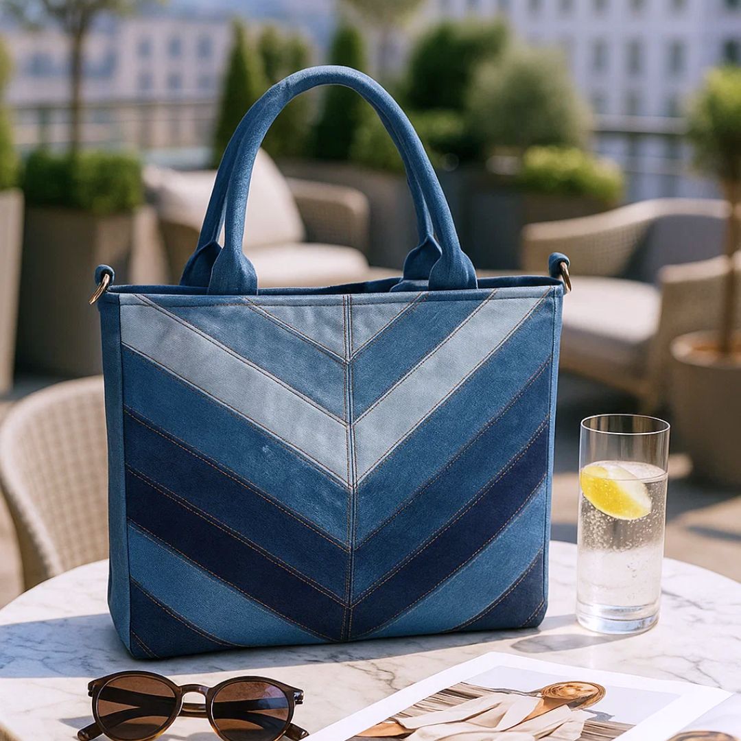 Eco-Friendly Recycle Chevron Large Capacity Denim Tote Bag for Women