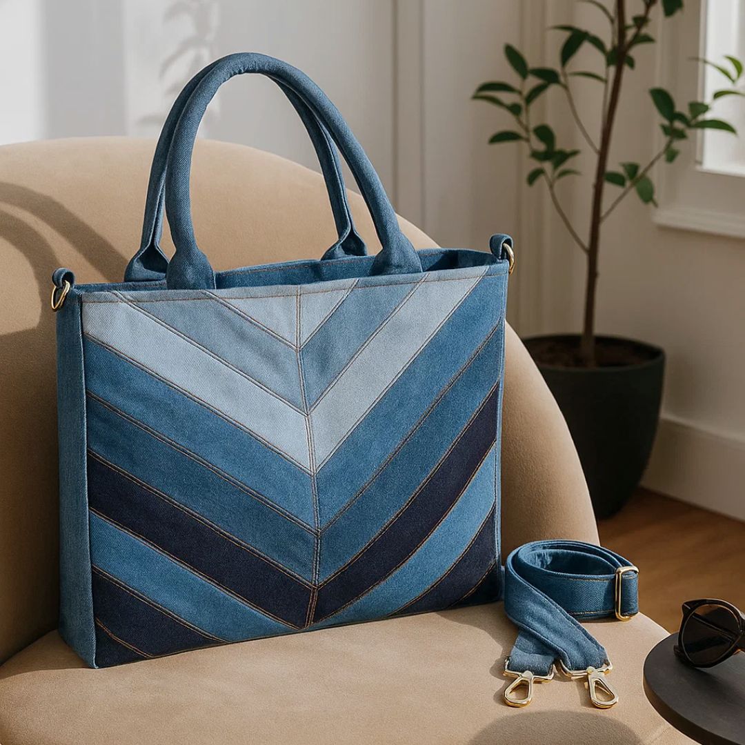 Eco-Friendly Recycle Chevron Large Capacity Denim Tote Bag for Women
