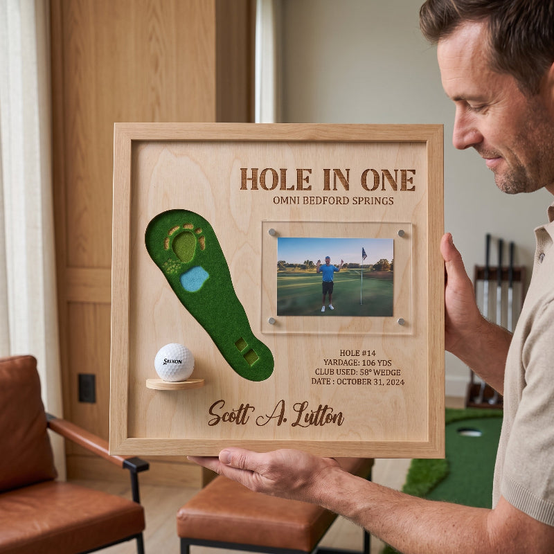 Personalized Hole in One Golf Display | Golf Ball Holder, Photo & Golf Course Map | Golf Gift For men