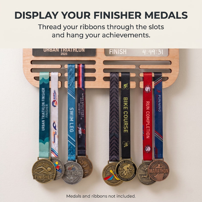 Personalized Triathlon Medal Display, Forest Medal Hanger, Optional Race Bib Holder, Triathlete Gift