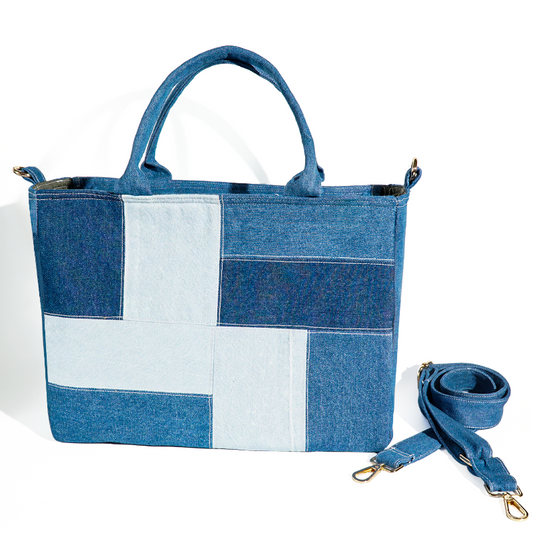 Recycle Reworked Patched Large Capacity Denim Tote Bag For Women