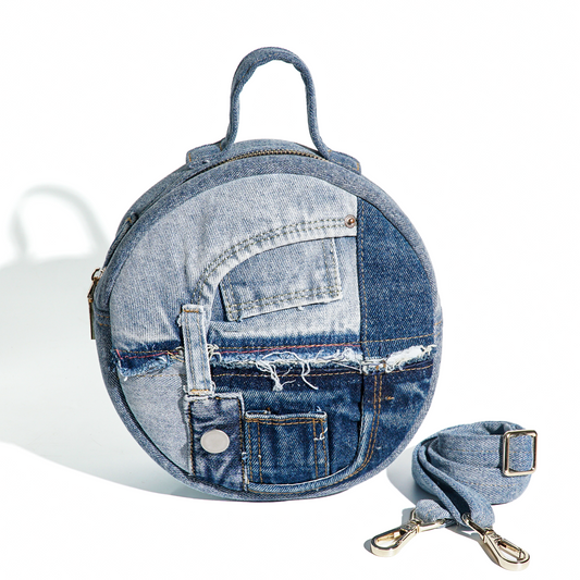 Eco-Friendly Recycle Patchwork Round Denim Crossbody Bag