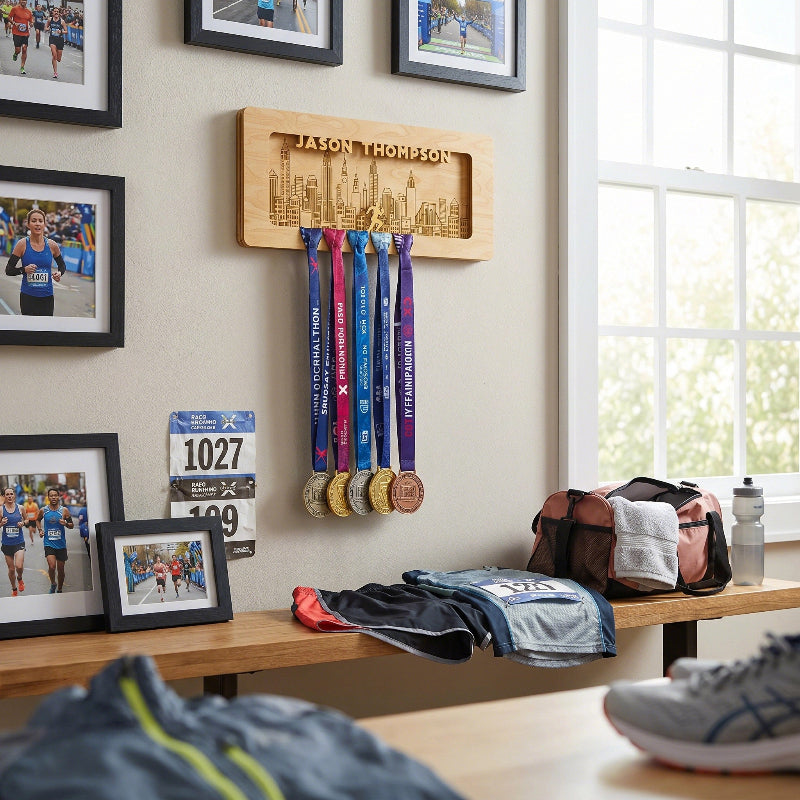Personalized Running Medal Holder With Name, Custom Marathon Medal Display, Wooden Race Award Hanger, Gift for Runners
