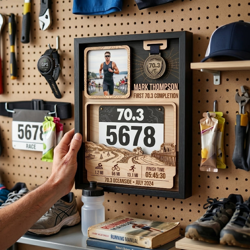 Triathlon Bib and Medal Display for First 70.3, Personalized Oceanside Race Keepsake, Custom Race Bib Holder