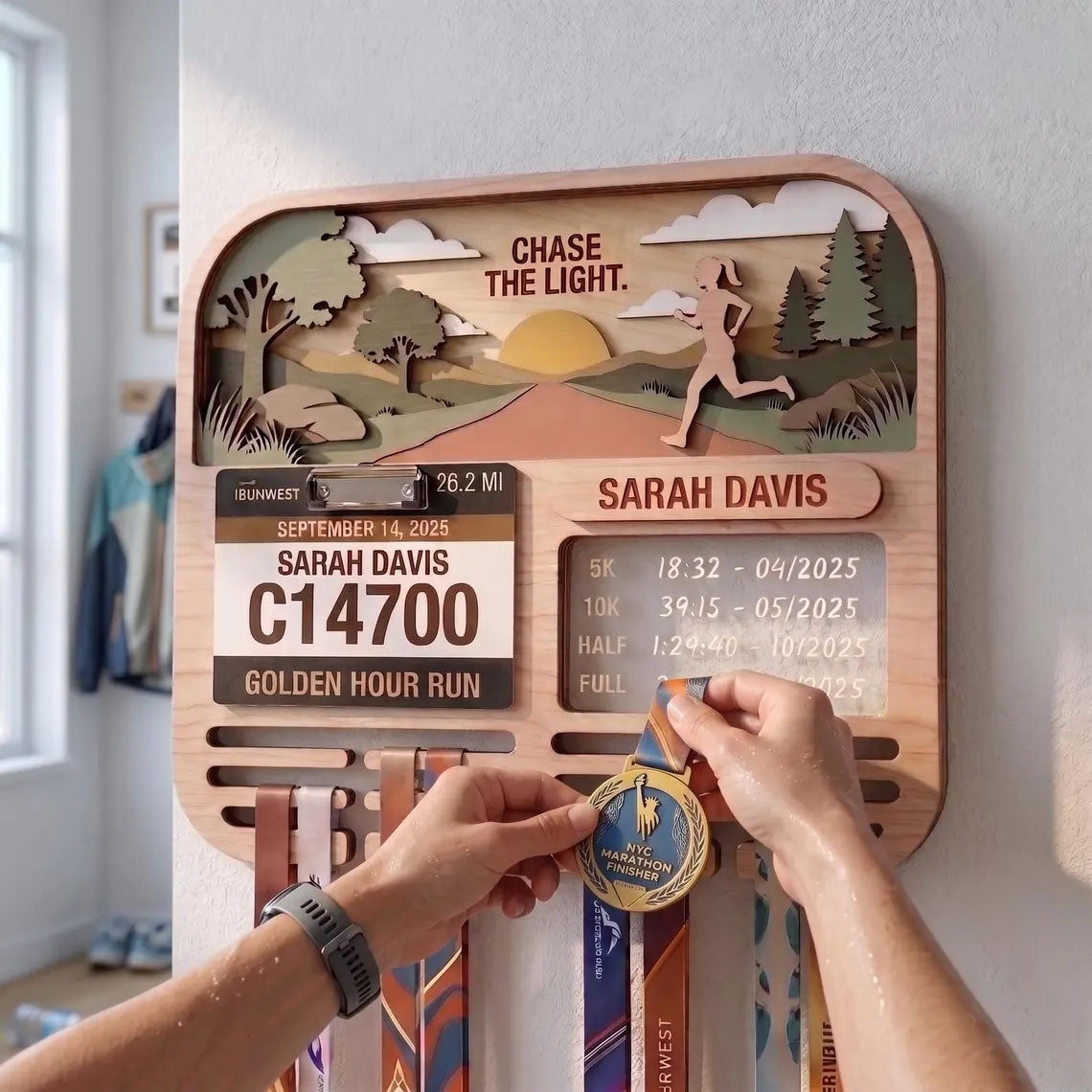 Personalized Running Medal Holder & Race Bib Display, Wooden Marathon Medal Hanger, Sunset Run Design