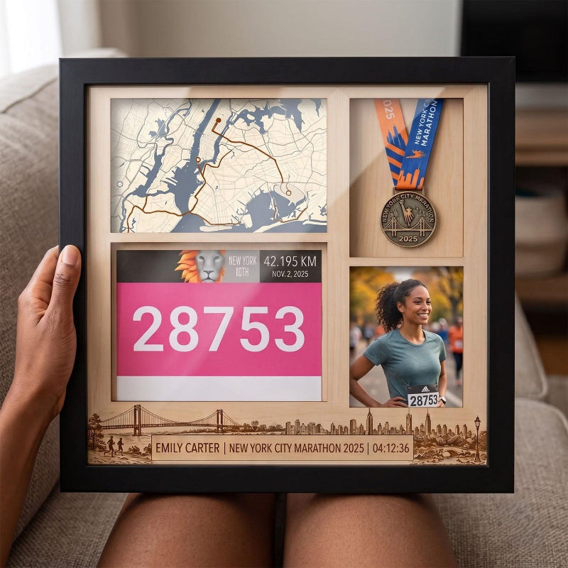 New York Marathon Shadow Box Display, Race Bib Medal and Photo Holder, Personalized Running Memory Box for Marathon Runners