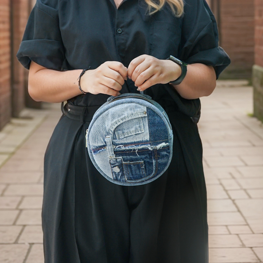 Eco-Friendly Recycle Patchwork Round Denim Crossbody Bag