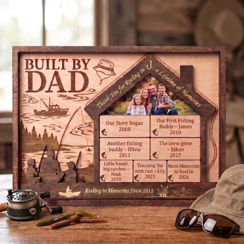 Reeling In Memories Built By Dad Wooden Sign, Personalized Fishing Gift for Dad, Father’s Day Gift, Custom Family Timeline Plaque