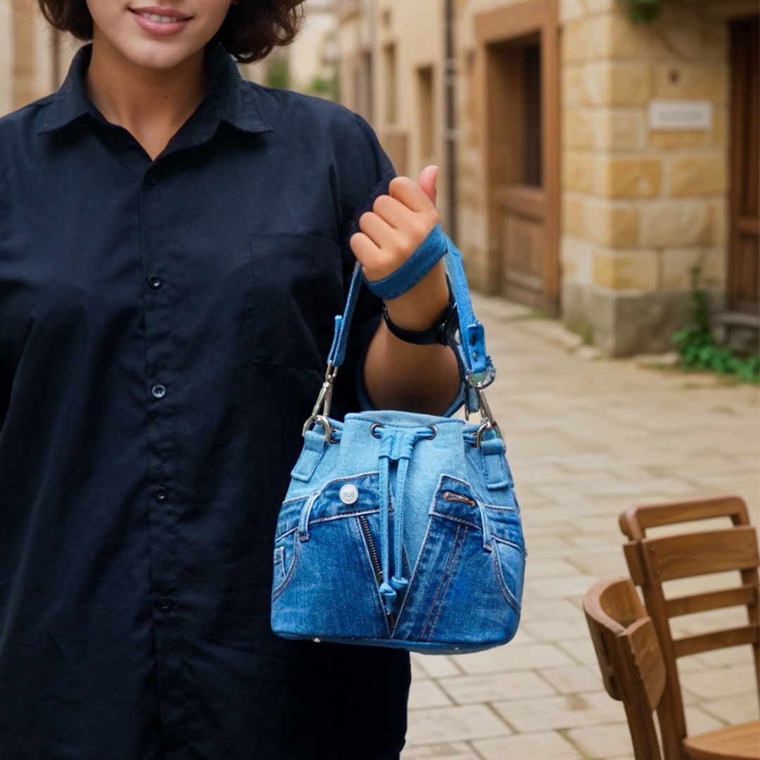 Handcrafted Sustainable Recycled Denim Bucket Bag, Recycled Jeans Bag