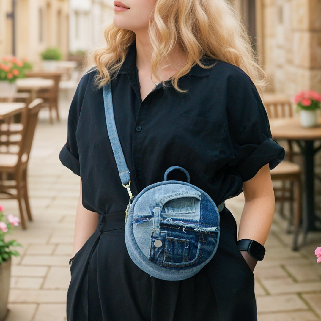 Eco-Friendly Recycle Patchwork Round Denim Crossbody Bag