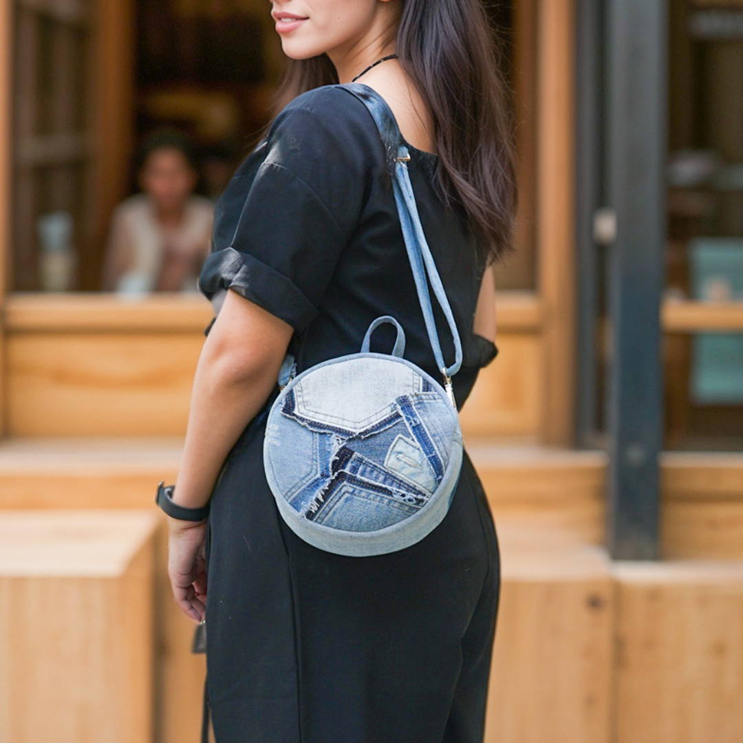 Recycle Chic Patchwork Denim Round Crossbody Bag for Women