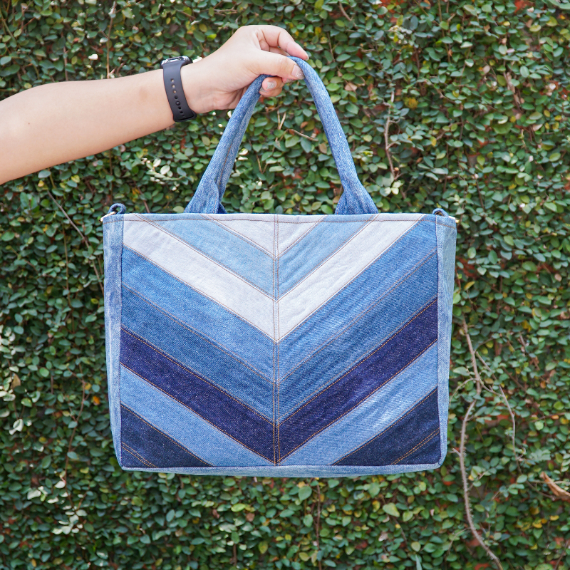 Eco-Friendly Recycle Chevron Large Capacity Denim Tote Bag for Women