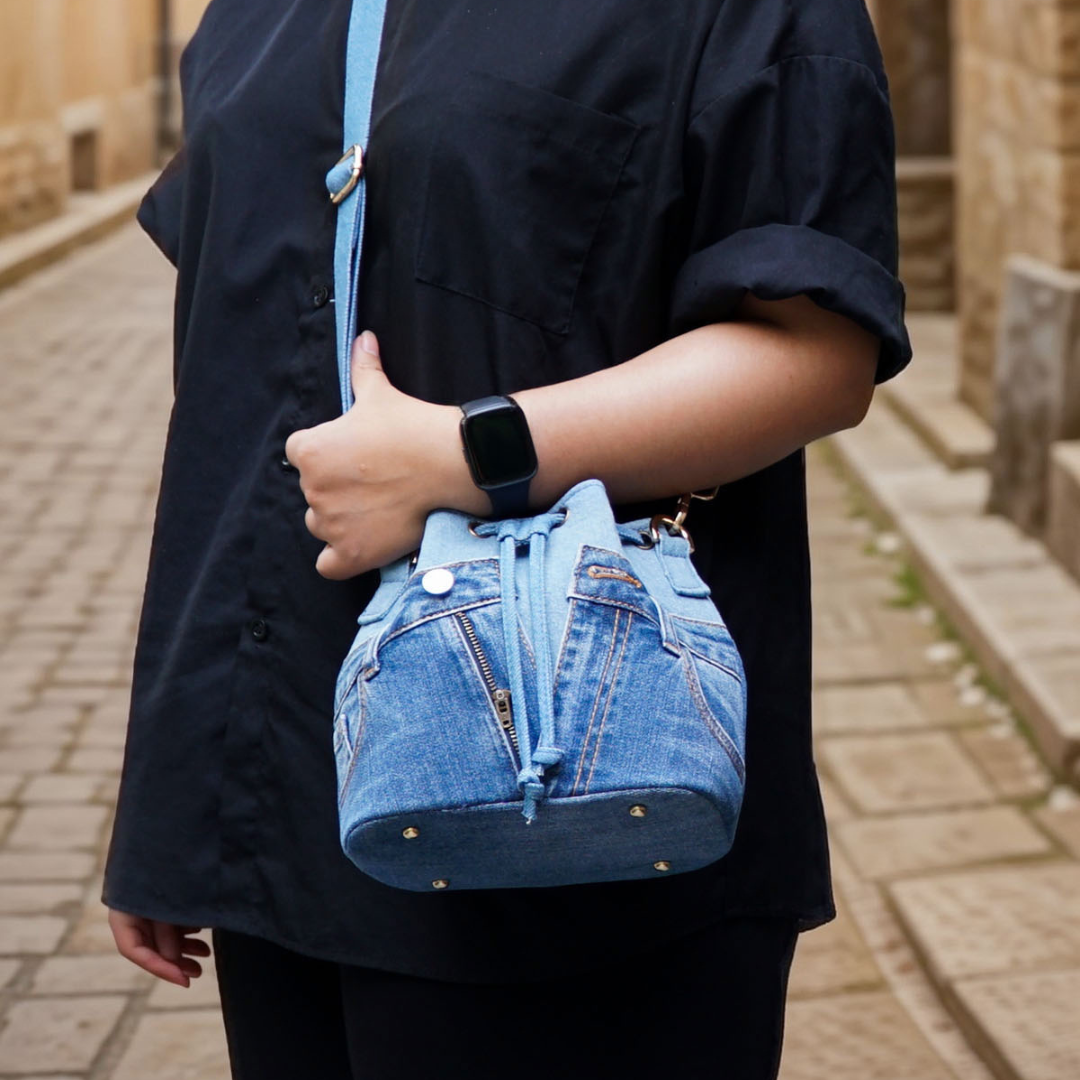 Handcrafted Sustainable Recycled Denim Bucket Bag, Recycled Jeans Bag