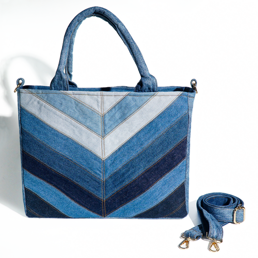 Eco-Friendly Recycle Chevron Large Capacity Denim Tote Bag for Women