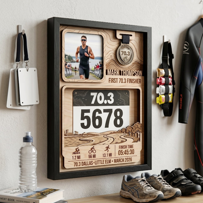 Personalized First 70.3 Race Bib Display, Dallas Triathlon Medal Holder, Custom Bib and Medal Display Gift
