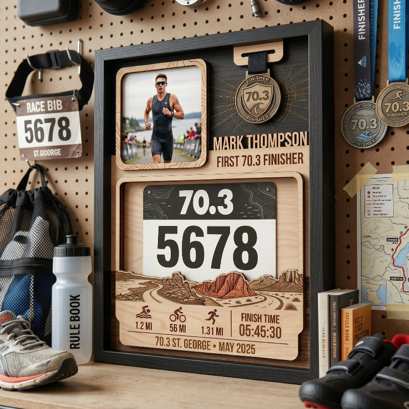 First 70.3 St. George Race Bib Holder, Personalized Triathlon Bib and Medal Display, Custom Finisher Medal Keepsake
