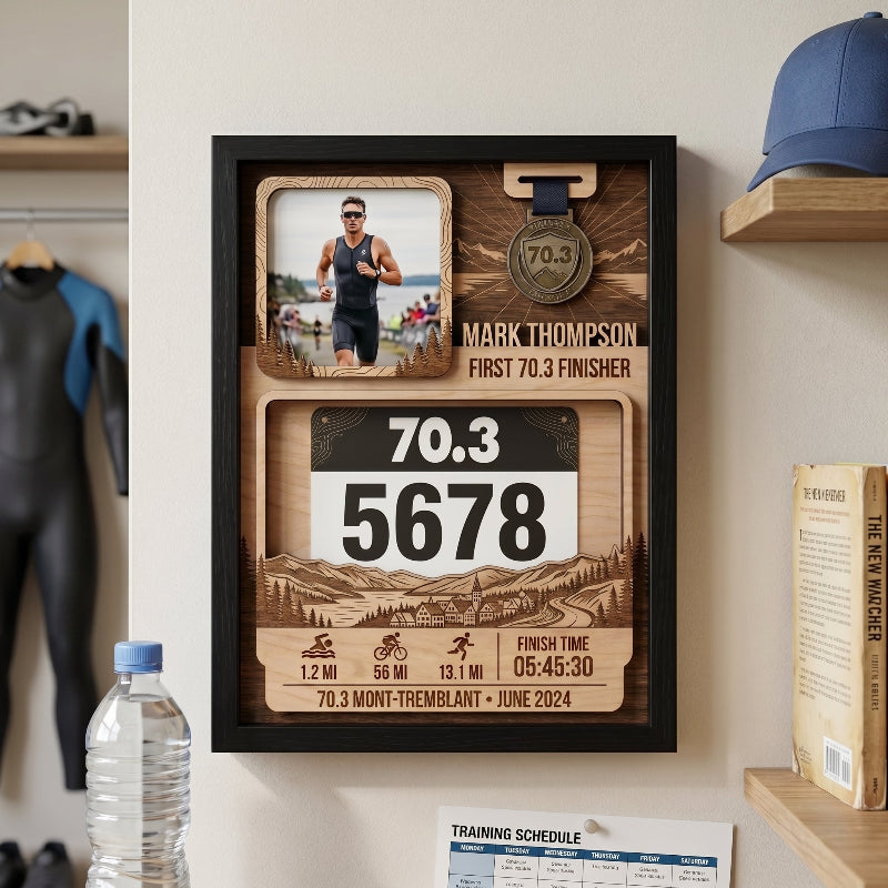 Custom Triathlon Bib and Medal Display, First 70.3 Tremblant Race Bib Holder, Personalized Finisher Keepsake