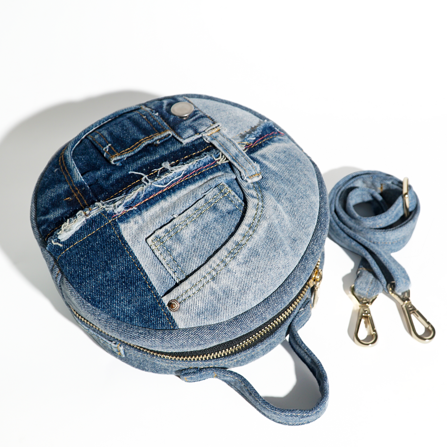 Eco-Friendly Recycle Patchwork Round Denim Crossbody Bag