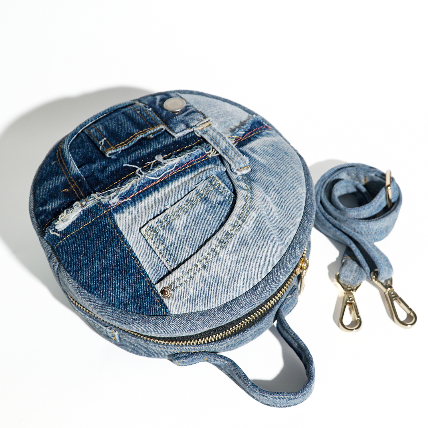 Eco-Friendly Recycle Patchwork Round Denim Crossbody Bag