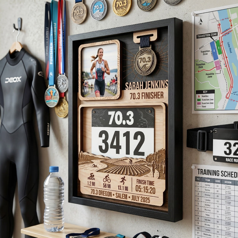 First 70.3 Oregon Race Bib and Medal Display, Personalized Triathlon Medal Holder, Custom Finisher Keepsake