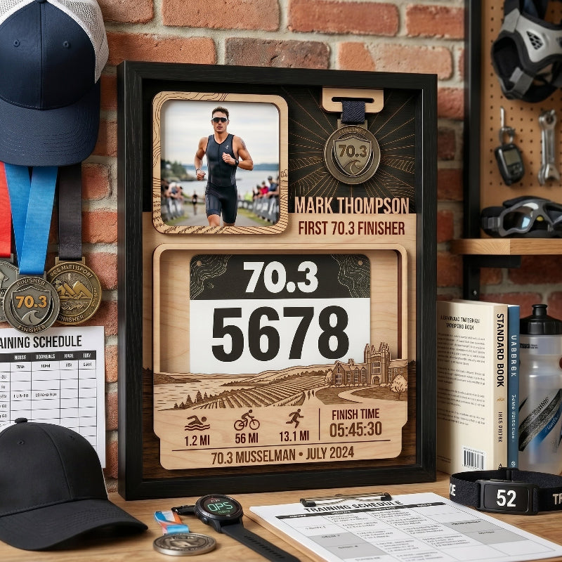 First 70.3 Triathlon Bib and Medal Display, Personalized Musselman Race Bib Holder, Custom Triathlon Medal Hanger