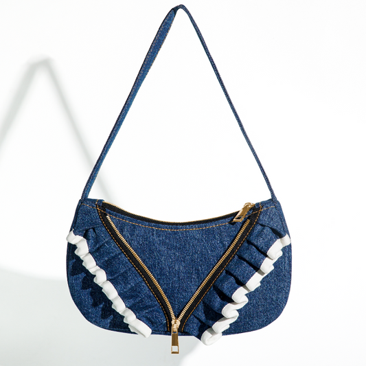 Chic and Recycled Denim Shoulder Bag with Unique Ruffled Design