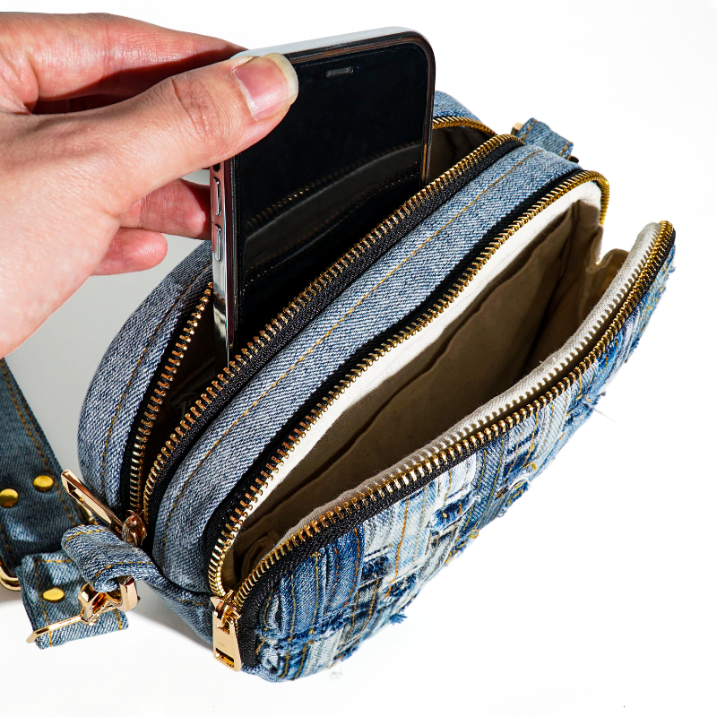 Recycled Denim Crossbody Bag with Woven Patchwork Design