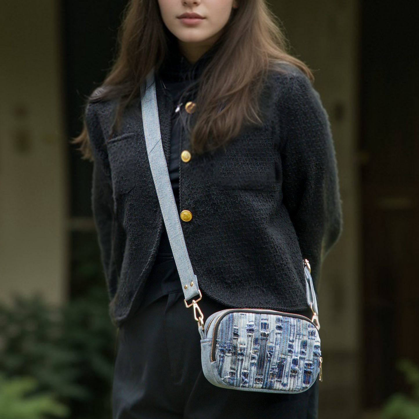 Recycled Denim Crossbody Bag with Woven Patchwork Design