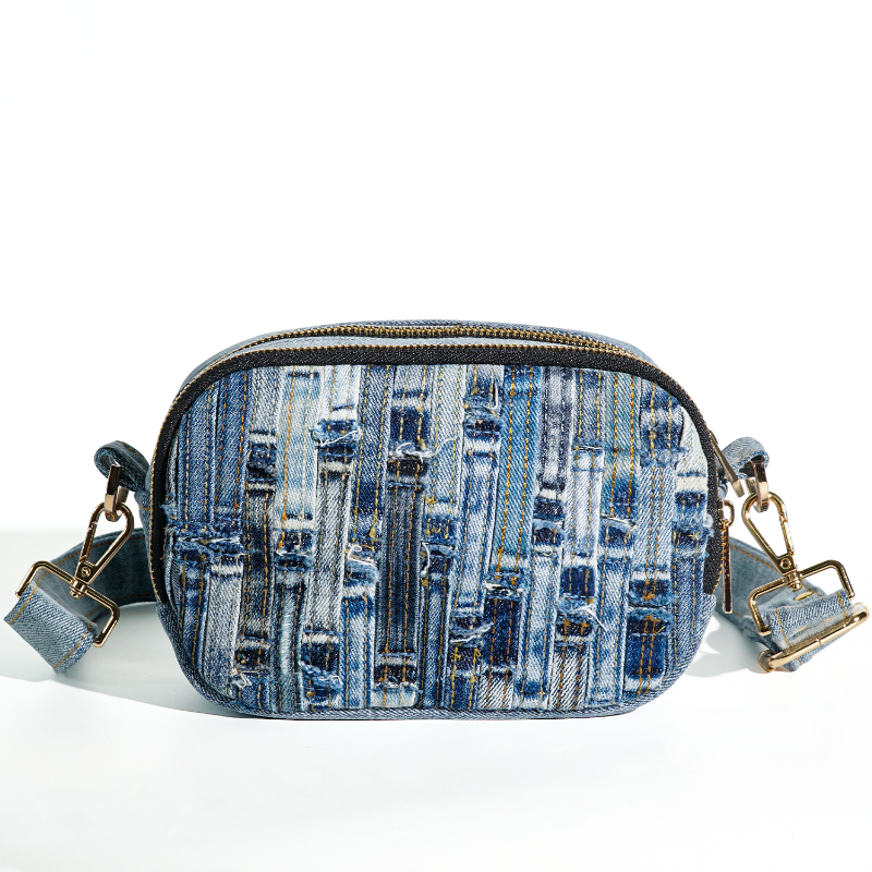 Recycled Denim Crossbody Bag with Woven Patchwork Design
