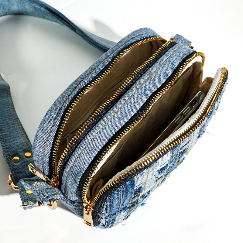 Recycled Denim Crossbody Bag with Woven Patchwork Design