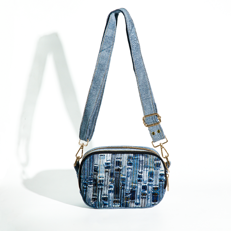 Recycled Denim Crossbody Bag with Woven Patchwork Design