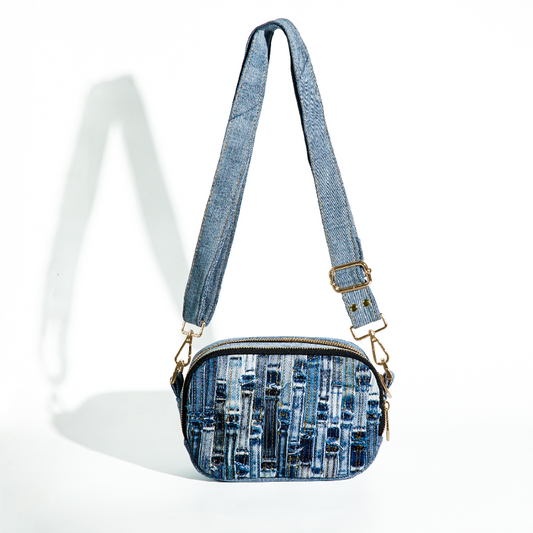 Recycled Denim Crossbody Bag with Woven Patchwork Design