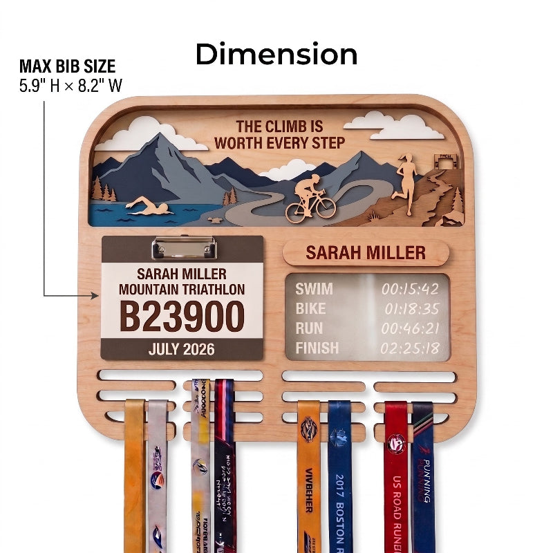 Personalized Triathlon Medal Holder, Layered Mountain Medal Display, Optional Race Bib Holder, Triathlete Gift