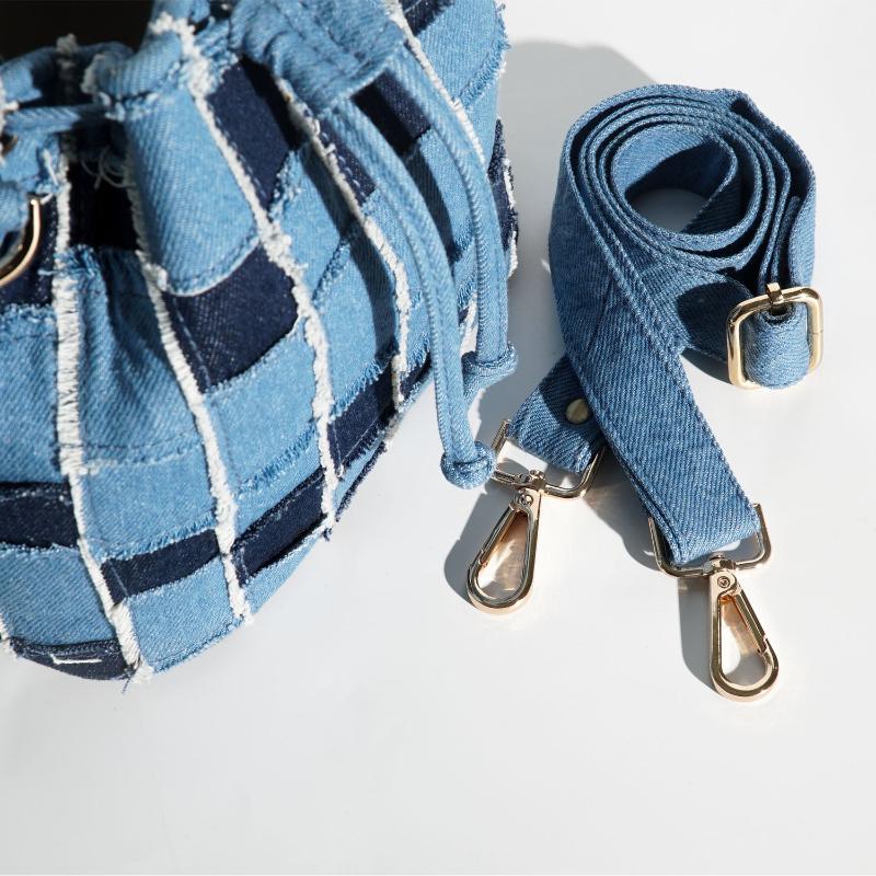 Recycled Denim Bucket Bag with Caro Pattern, Recycled Jeans Bag