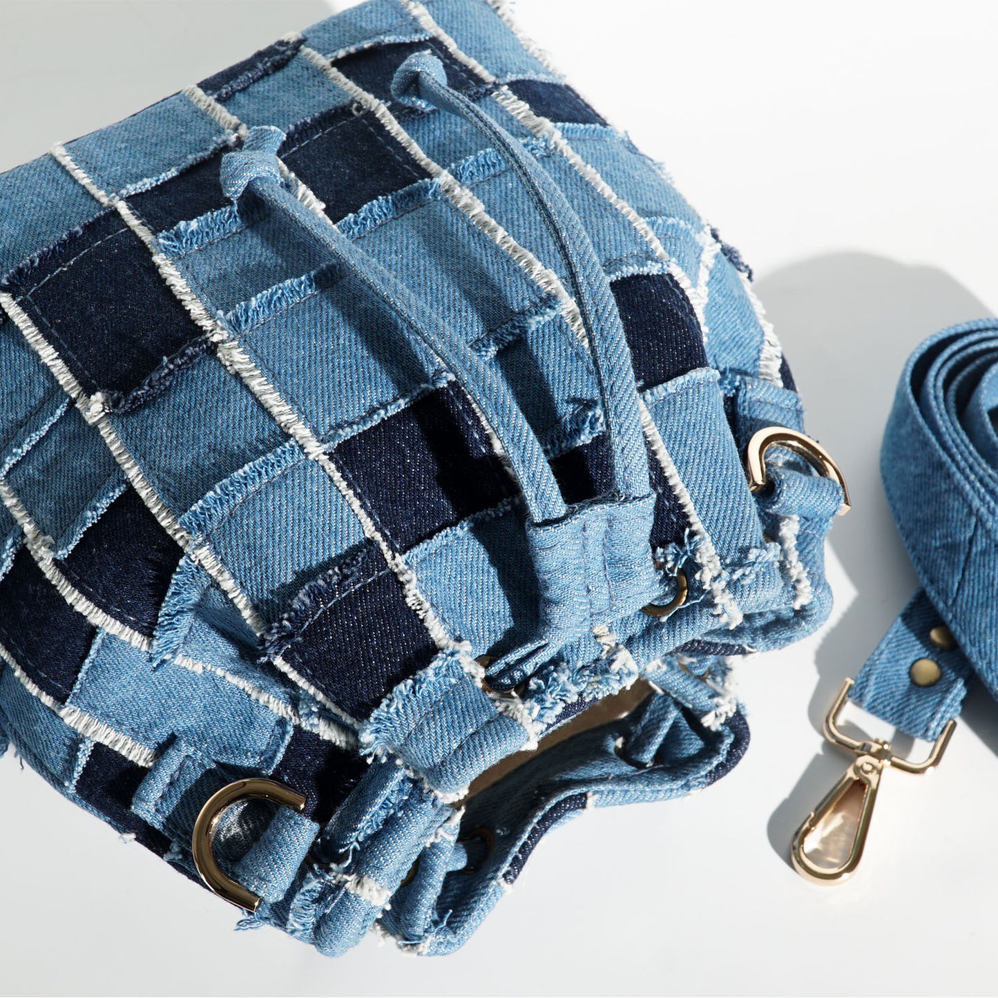 Recycled Denim Bucket Bag with Caro Pattern, Recycled Jeans Bag