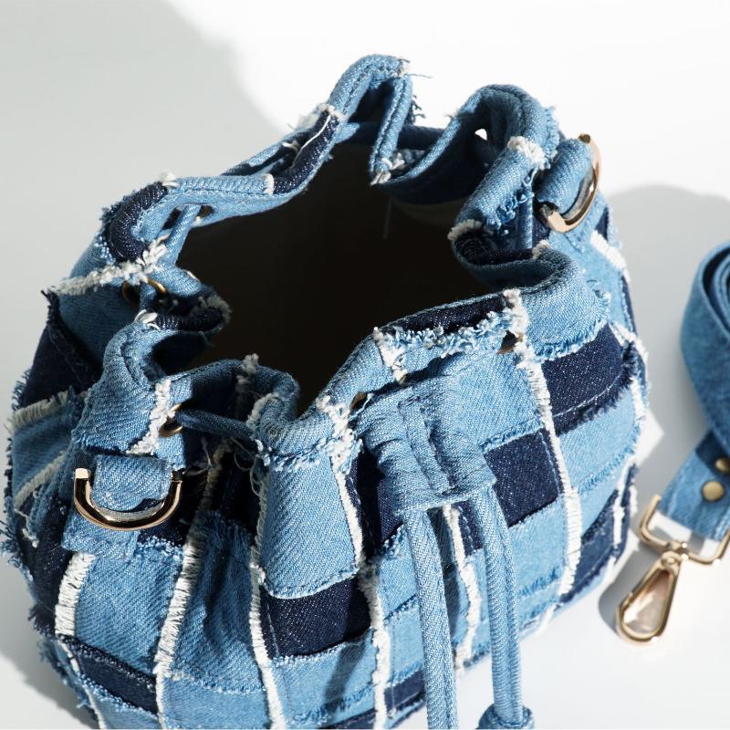 Recycled Denim Bucket Bag with Caro Pattern, Recycled Jeans Bag
