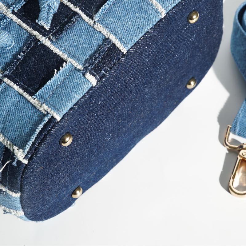 Recycled Denim Bucket Bag with Caro Pattern, Recycled Jeans Bag