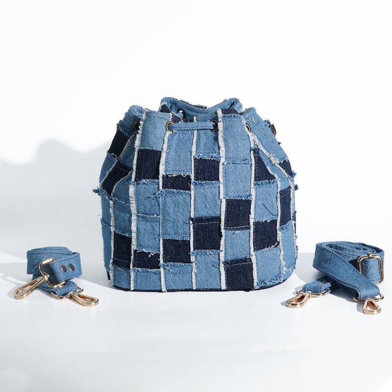 Recycled Denim Bucket Bag with Caro Pattern, Recycled Jeans Bag