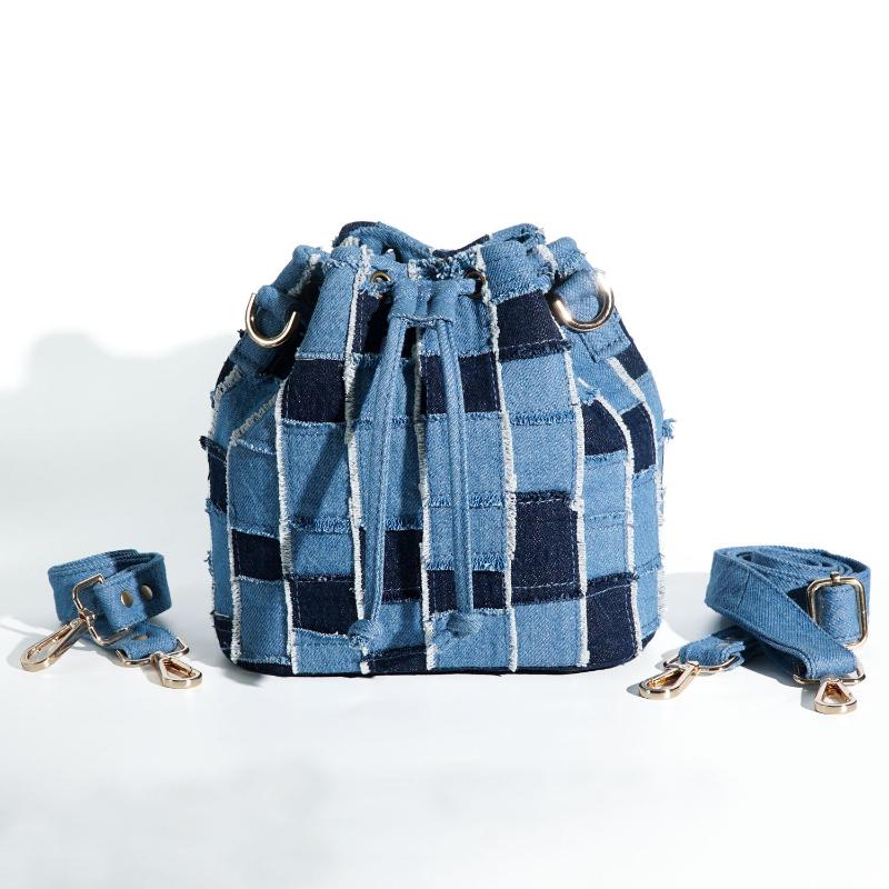 Recycled Denim Bucket Bag with Caro Pattern, Recycled Jeans Bag