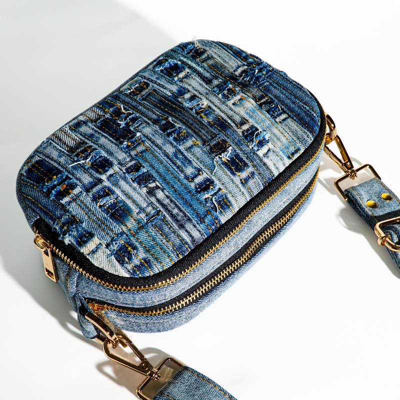Recycled Denim Crossbody Bag with Woven Patchwork Design