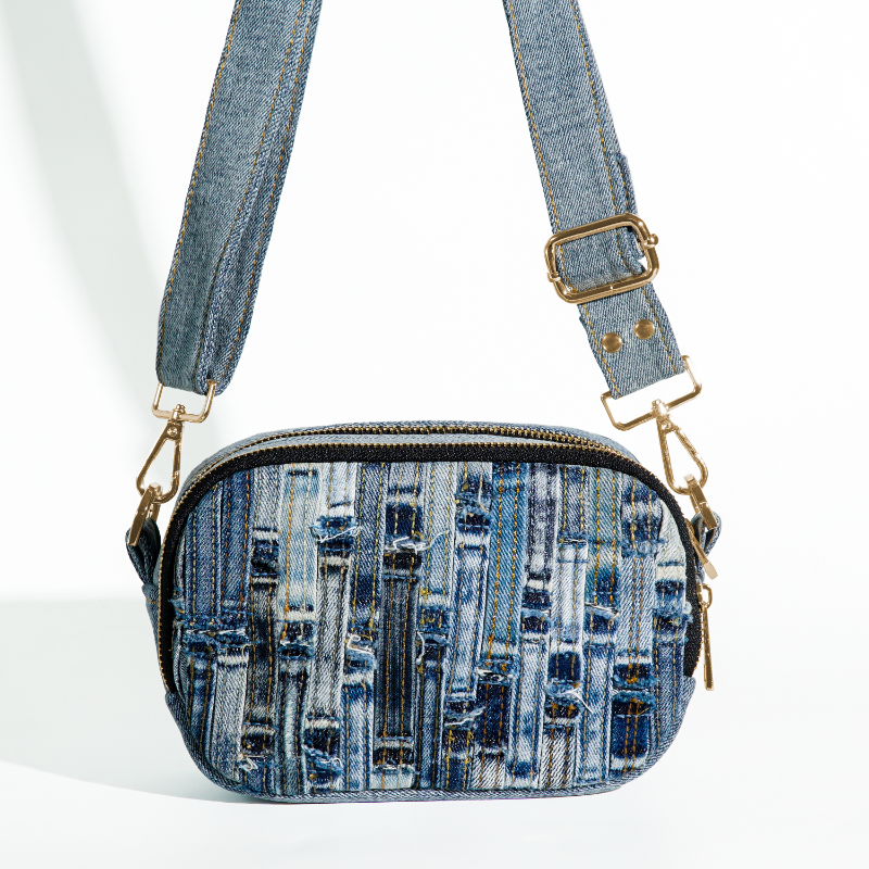 Recycled Denim Crossbody Bag with Woven Patchwork Design