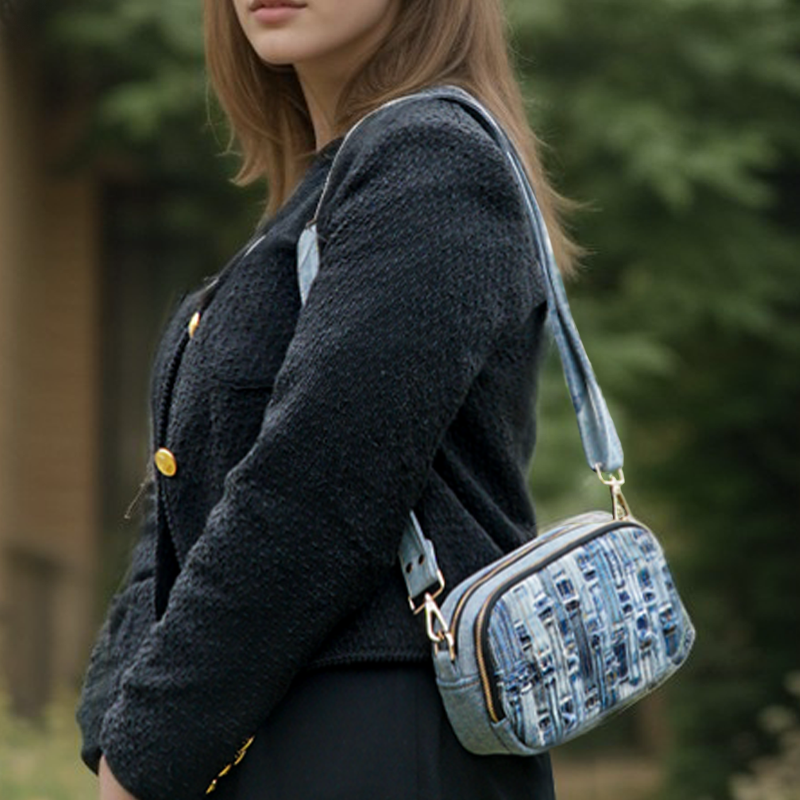 Recycled Denim Crossbody Bag with Woven Patchwork Design
